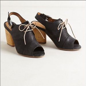 Anthropologie Oxford Wooden Block Heels, open toe, black leather, size 9
